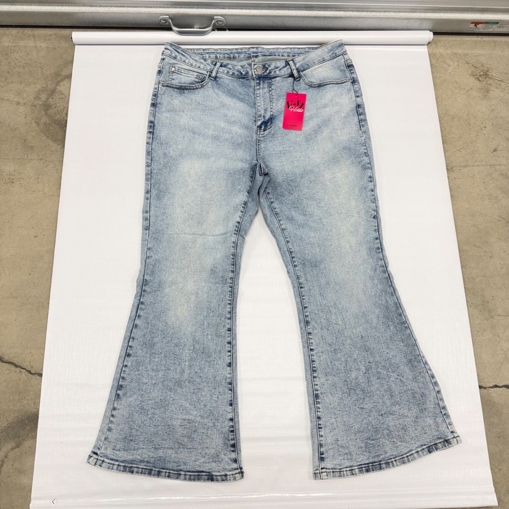 Cello High Rise Light Acid Wash Flare Jeans Light Blue Denim Size 18